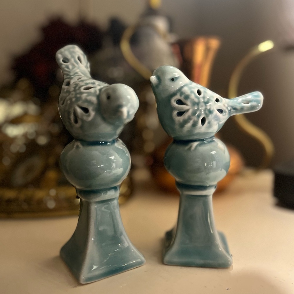 French Country Opaque Blue Glaze Ceramic Birds on Pedestal